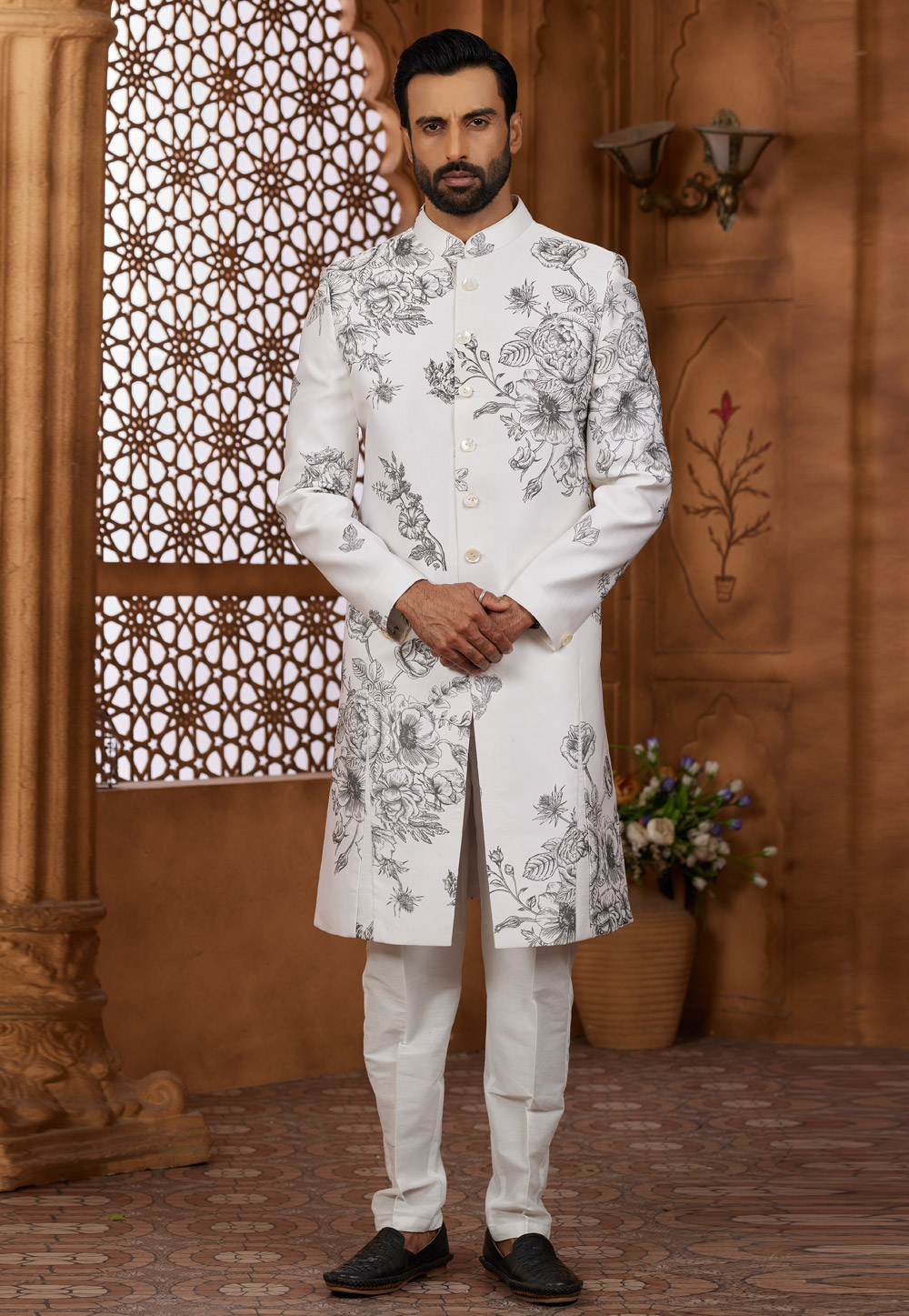 Off White Silk Indo Western Sherwani 306716