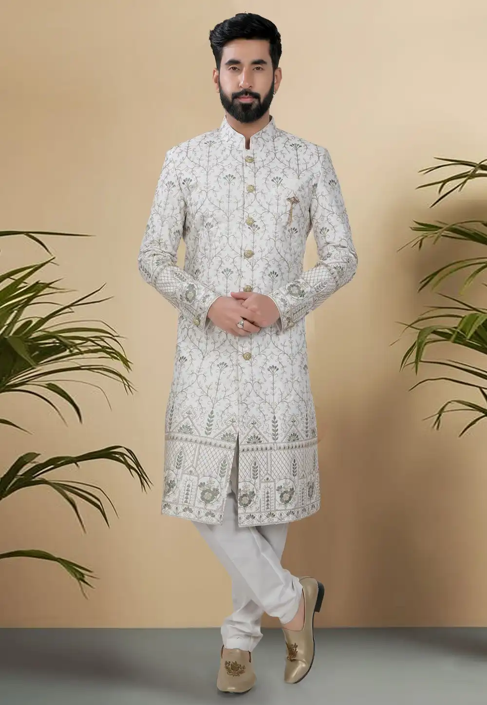 Off White Silk Indo Western Sherwani 313083