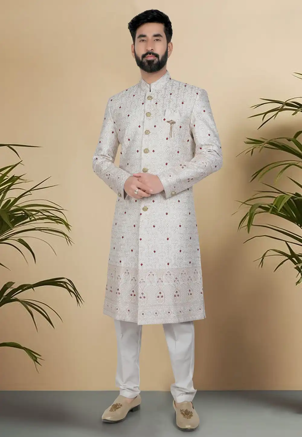 Off White Silk Indo Western Sherwani 313085