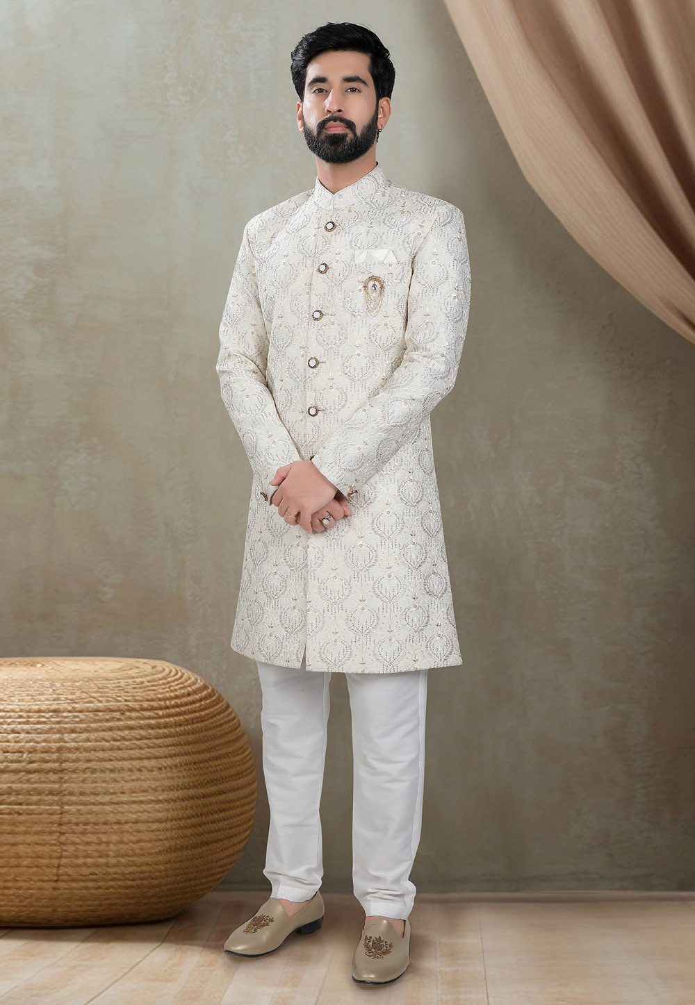 Off White Silk Indo Western Sherwani 311719
