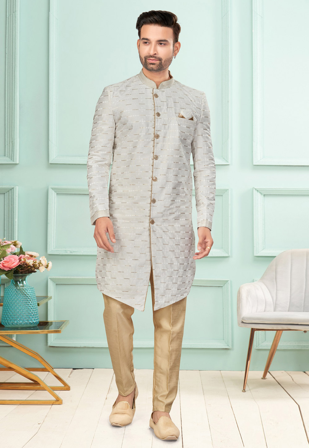 Off White Silk Indo Western Suit 283926