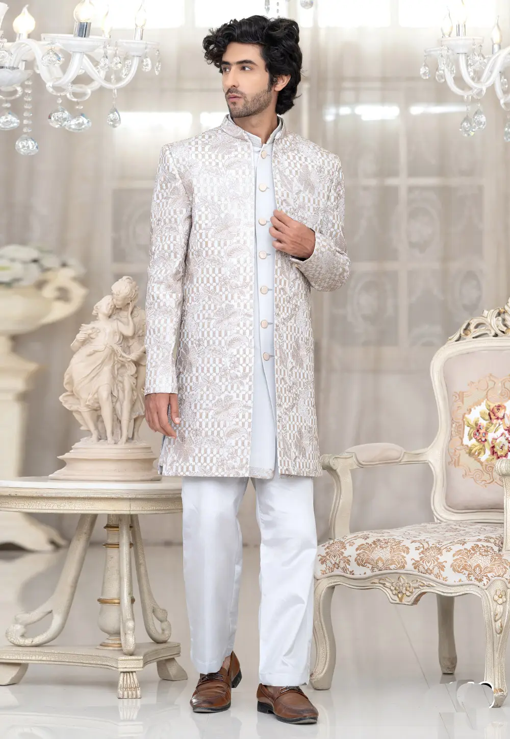 Off White Silk Indo Western Suit 336522