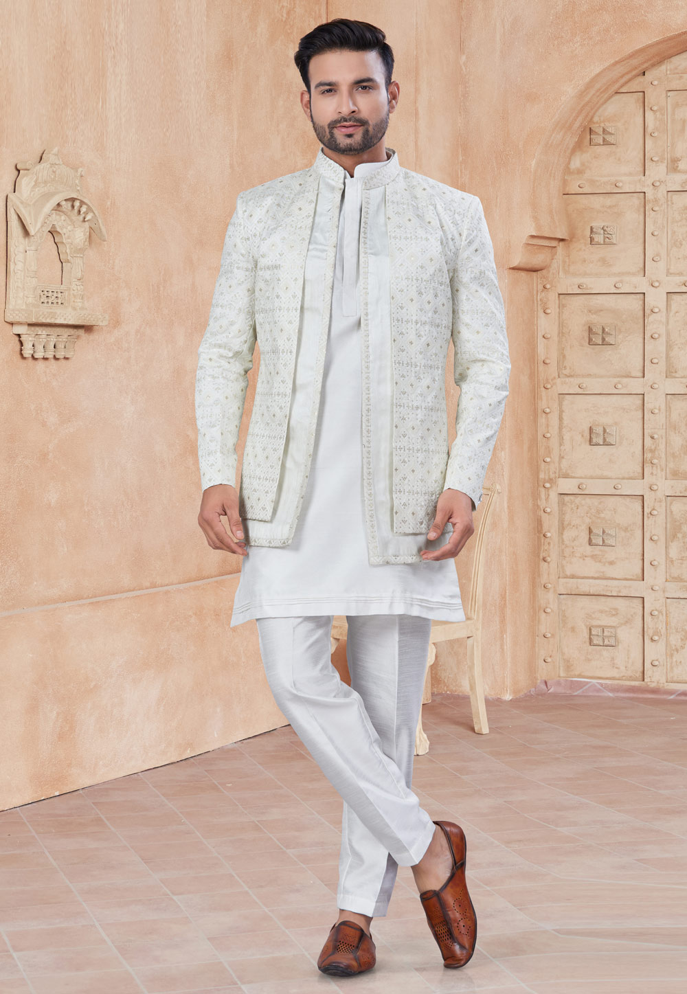 Off White Silk Indo Western Suit 306682
