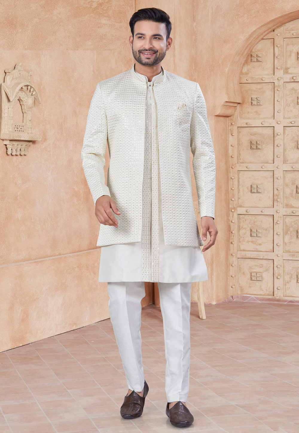 Off White Silk Indo Western Suit 306685