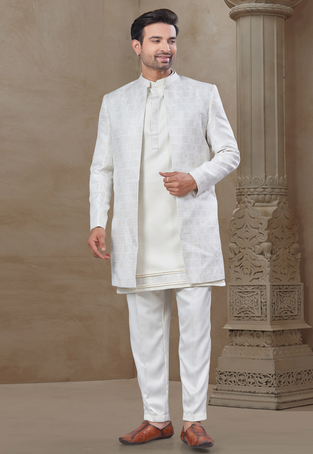 Off White Silk Indo Western Suit 306696