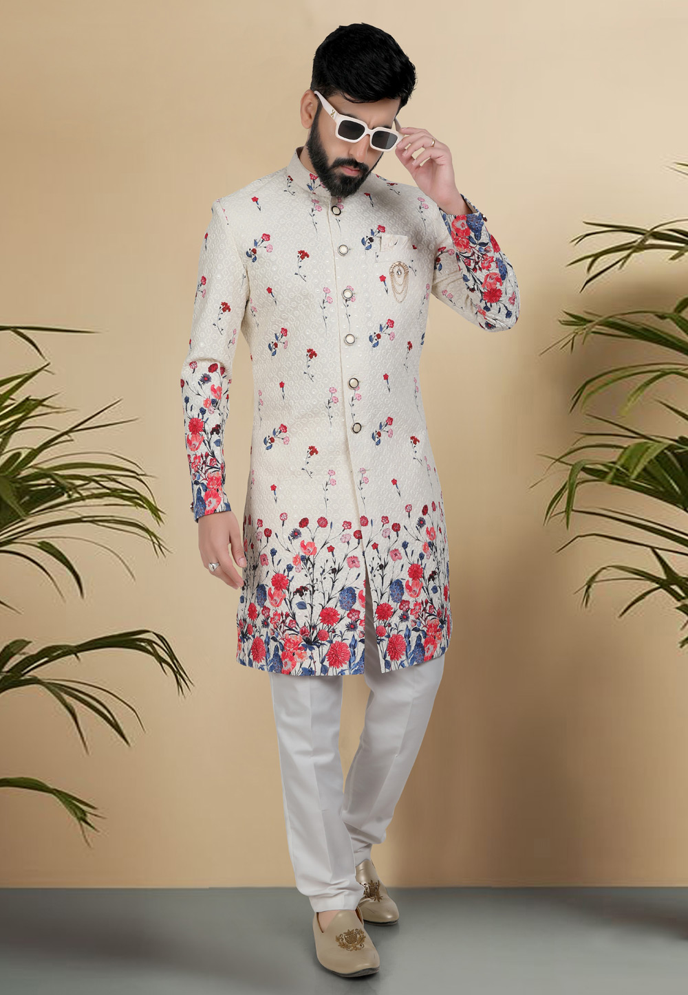 Off White Silk Indo Western Suit 313093