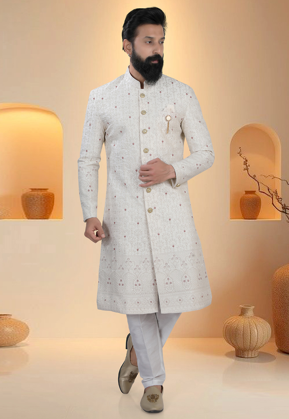 Off White Silk Indo Western Suit 321290