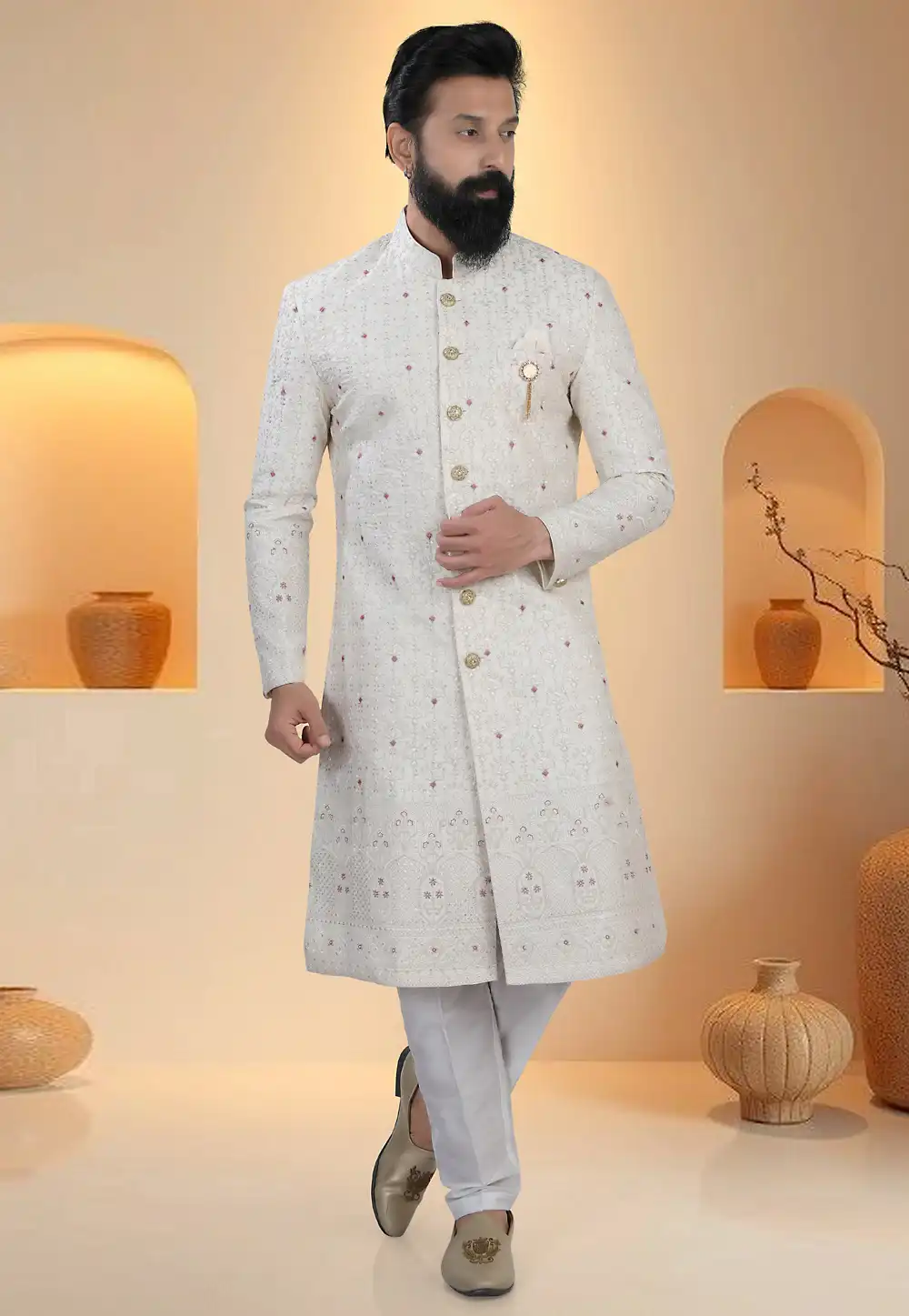 Off White Silk Indo Western Suit 321290