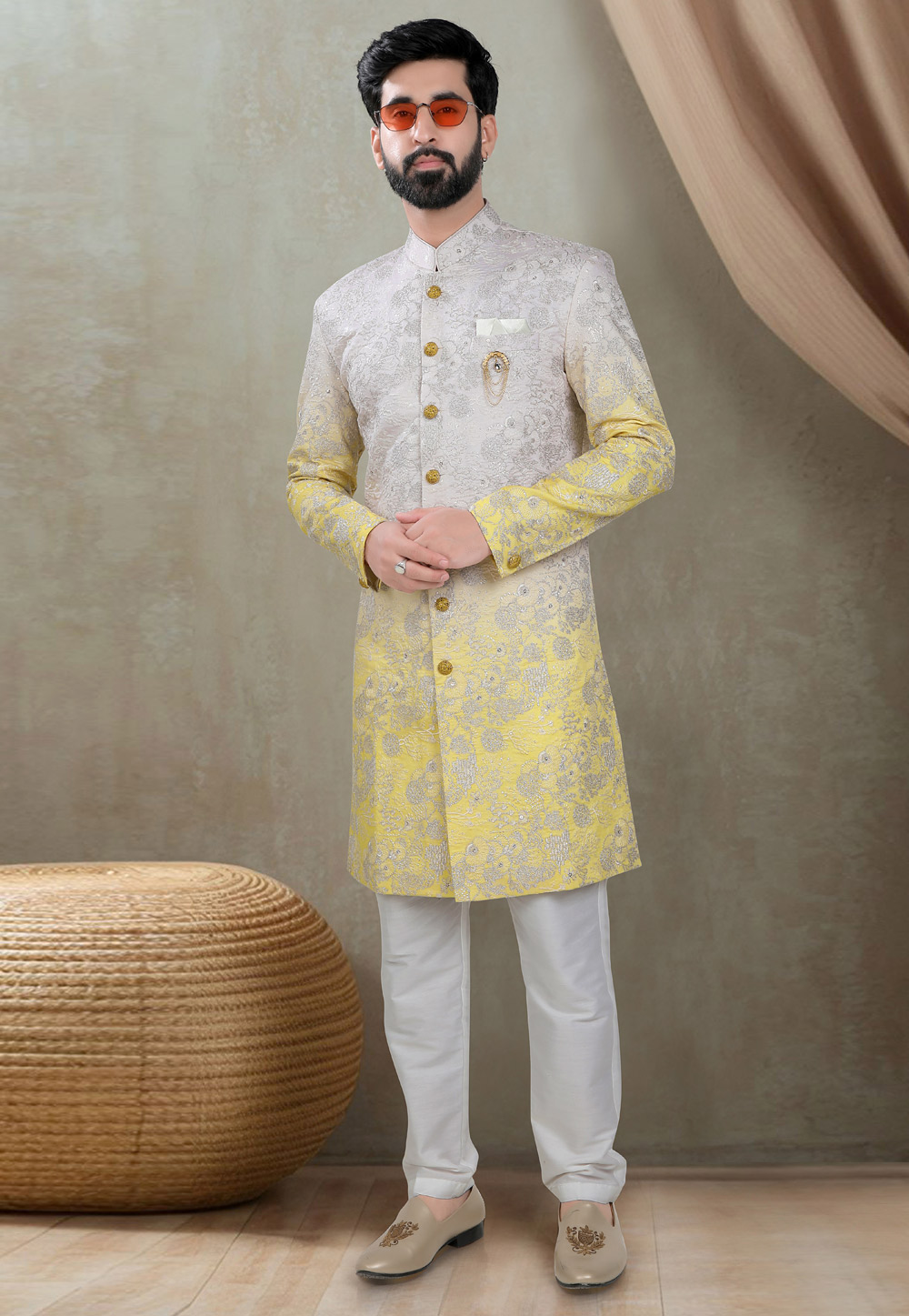 Off White Silk Indo Western Suit 311729