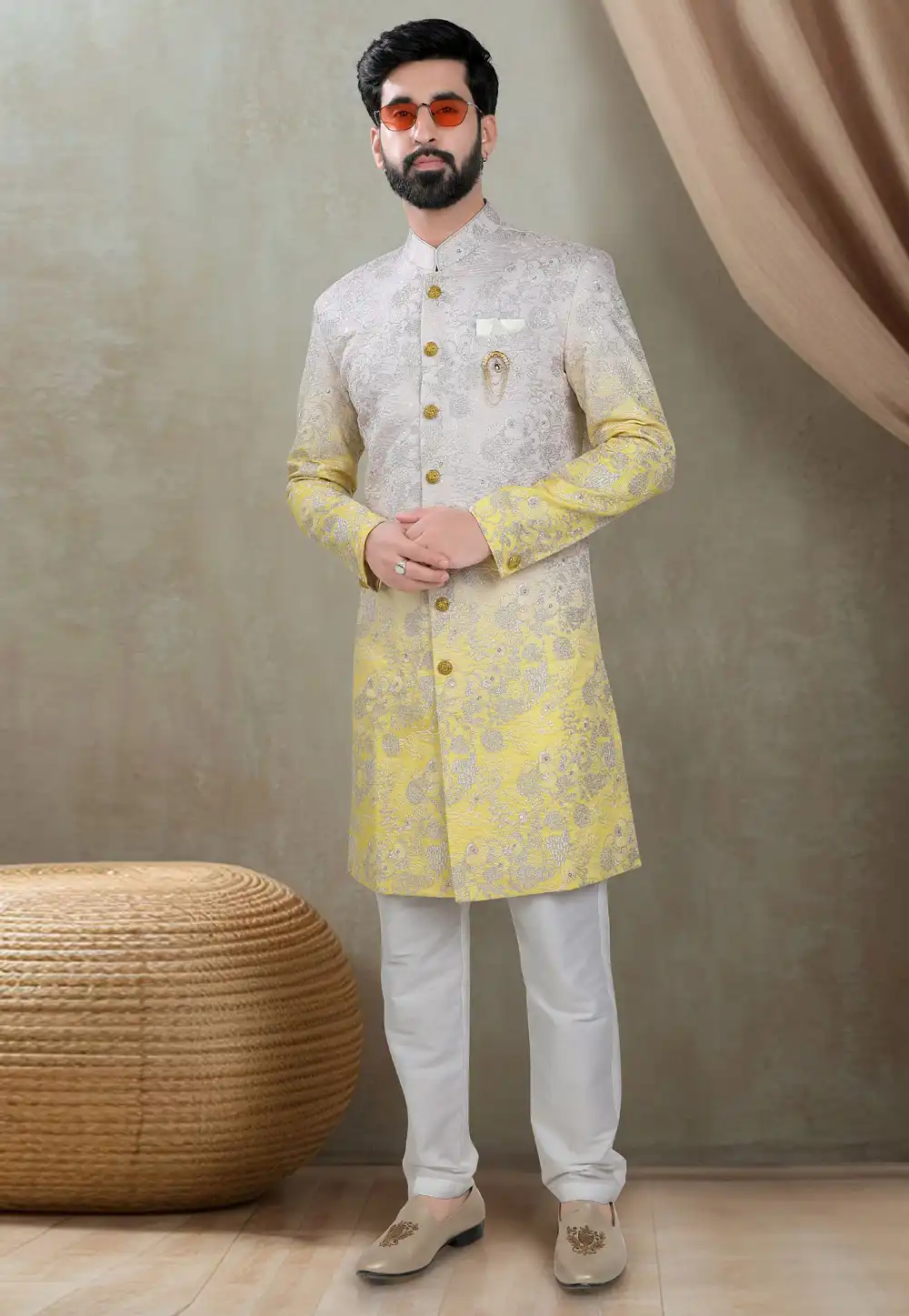Off White Silk Indo Western Suit 311729