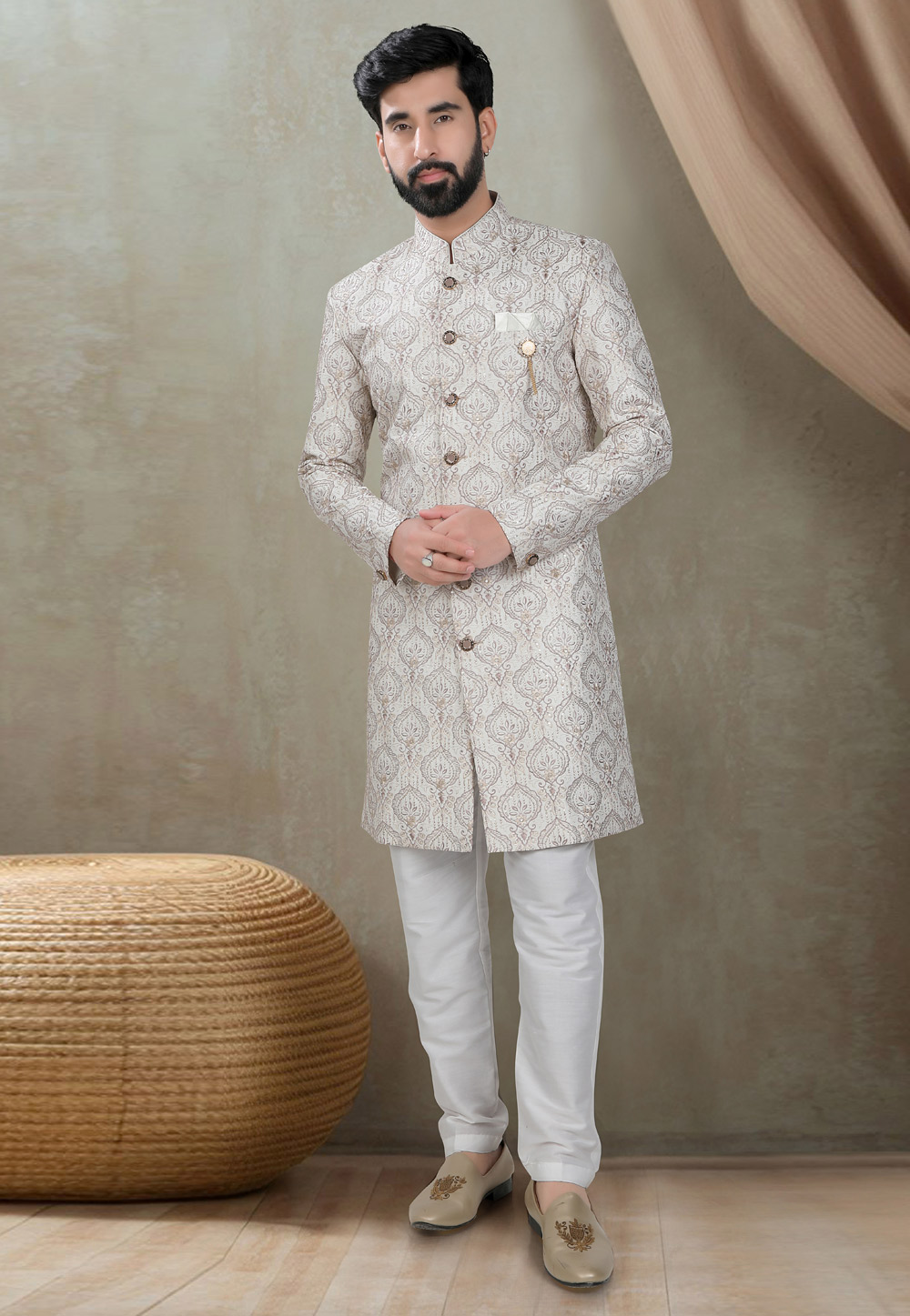 Off White Silk Indo Western Suit 311730