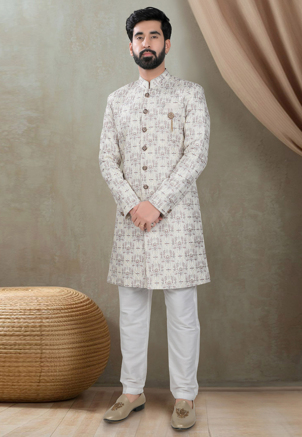 Off White Silk Indo Western Suit 311732