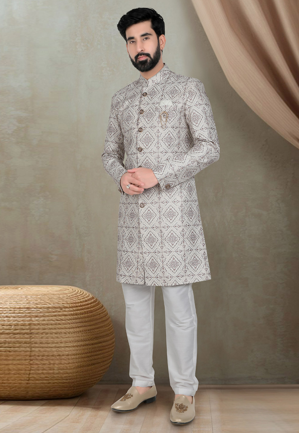 Off White Silk Indo Western Suit 311735