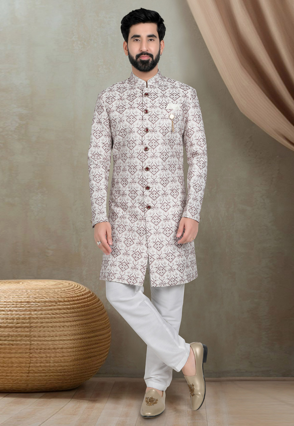 Off White Silk Indo Western Suit 311738