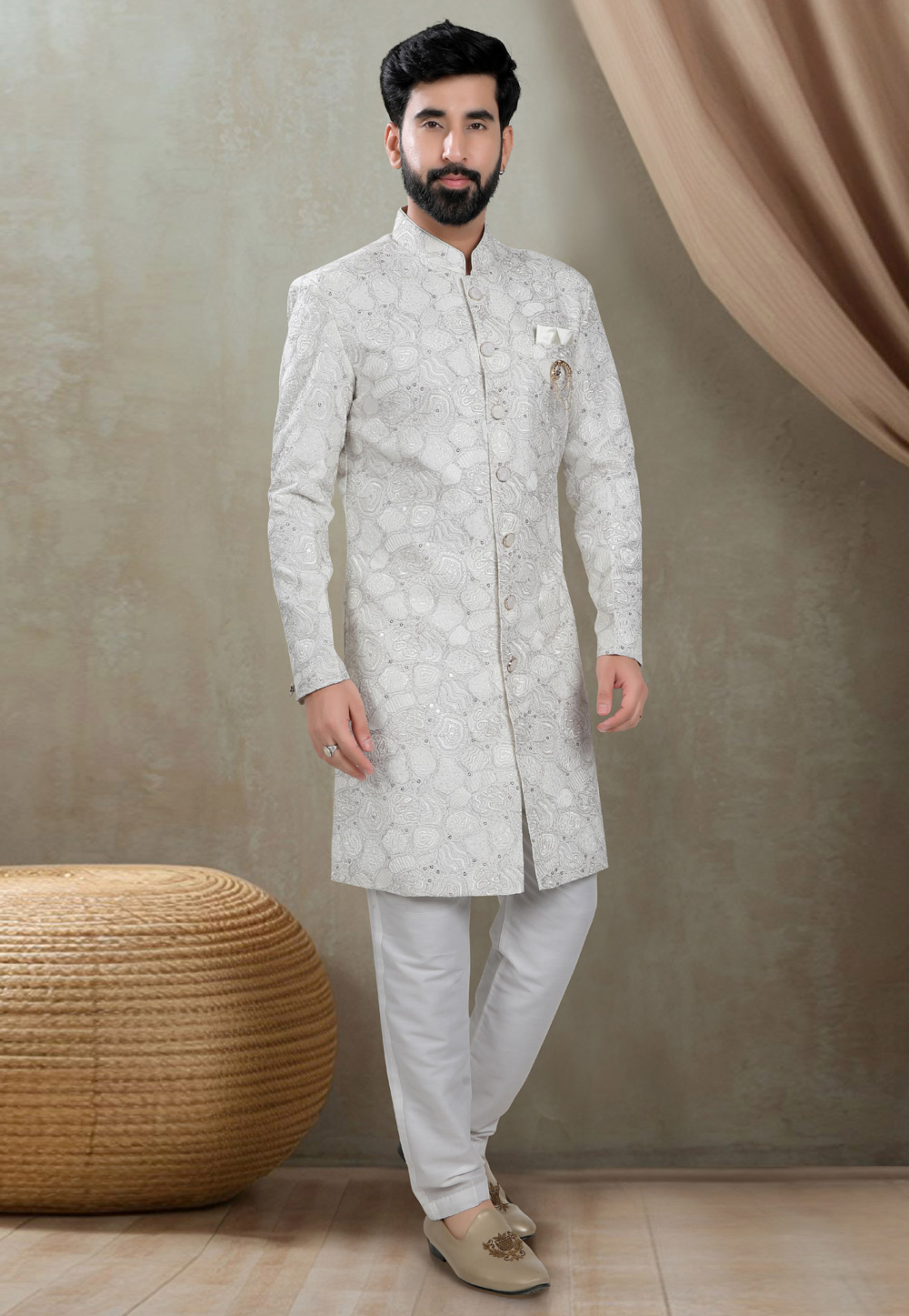 Off White Silk Indo Western Suit 311739