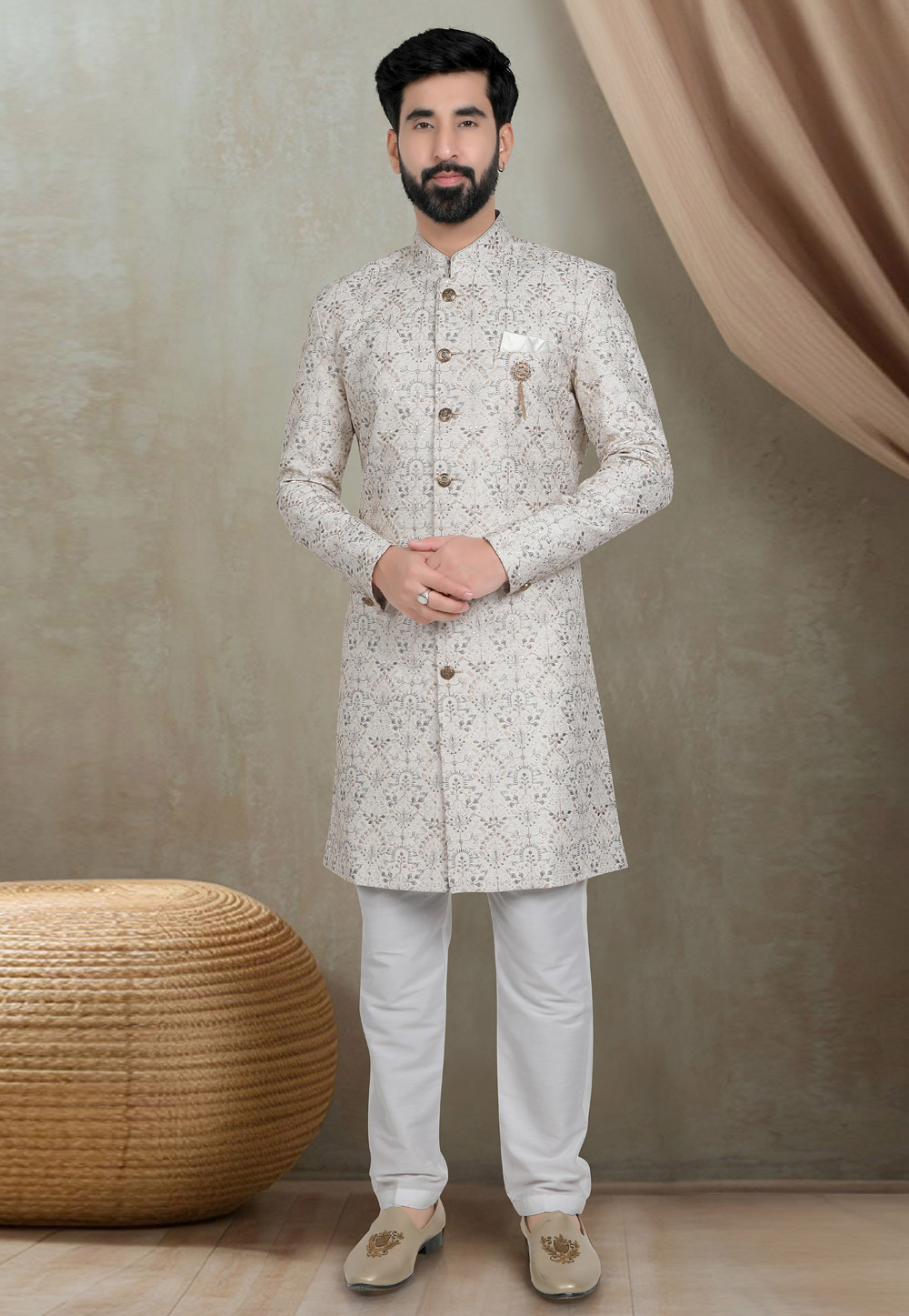 Off White Silk Indo Western Suit 311741