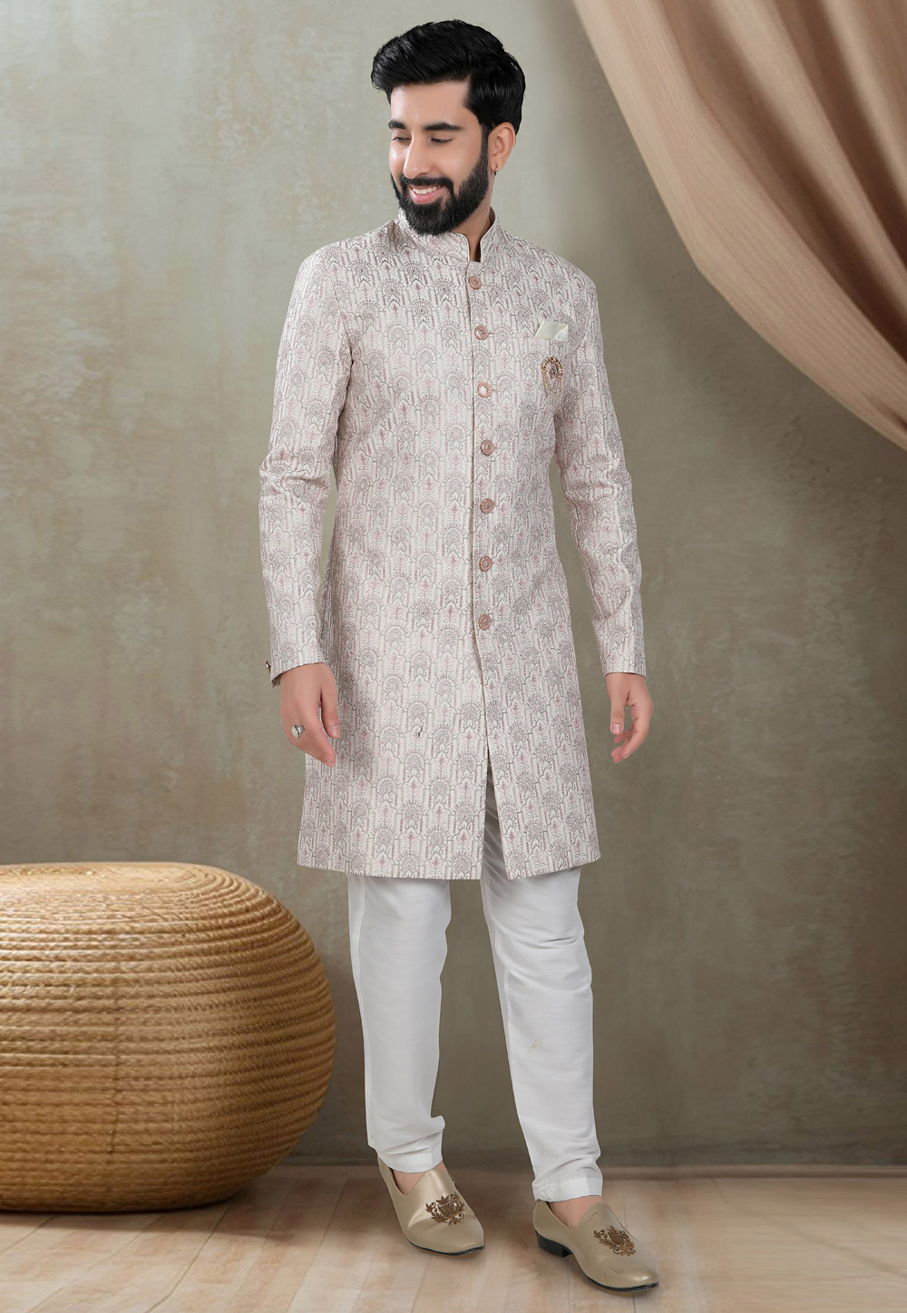 Off White Silk Indo Western Suit 311753