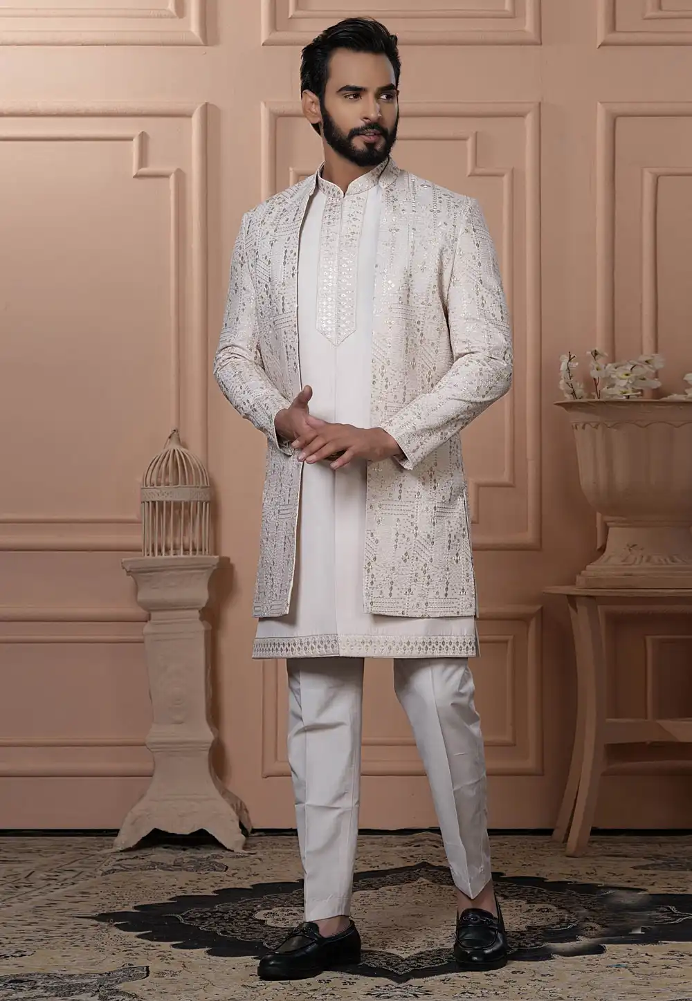 Off White Silk Jacket Style Sherwani 315071
