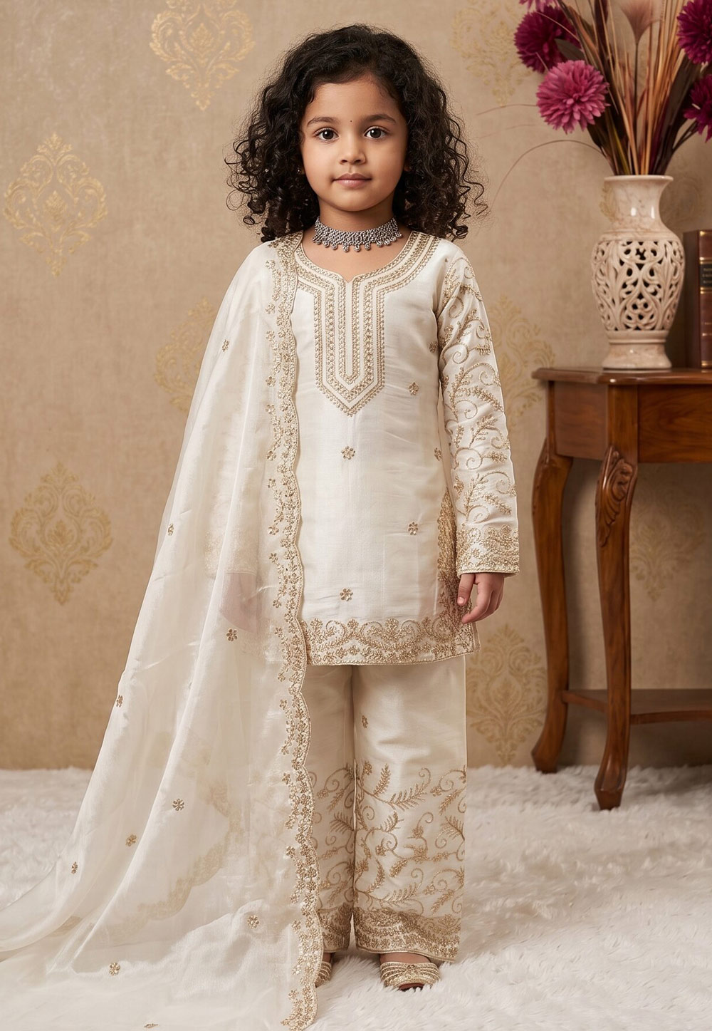 Off White Silk Kids Palazzo Suit 329481