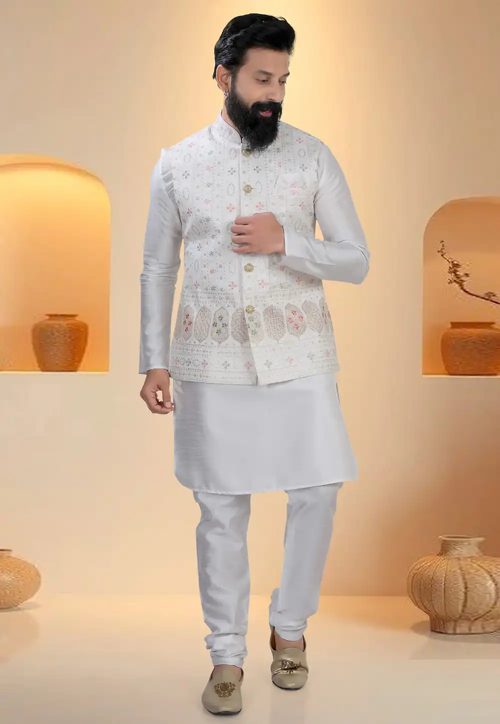 Off White Silk Kurta Pajama With Jacket 321250