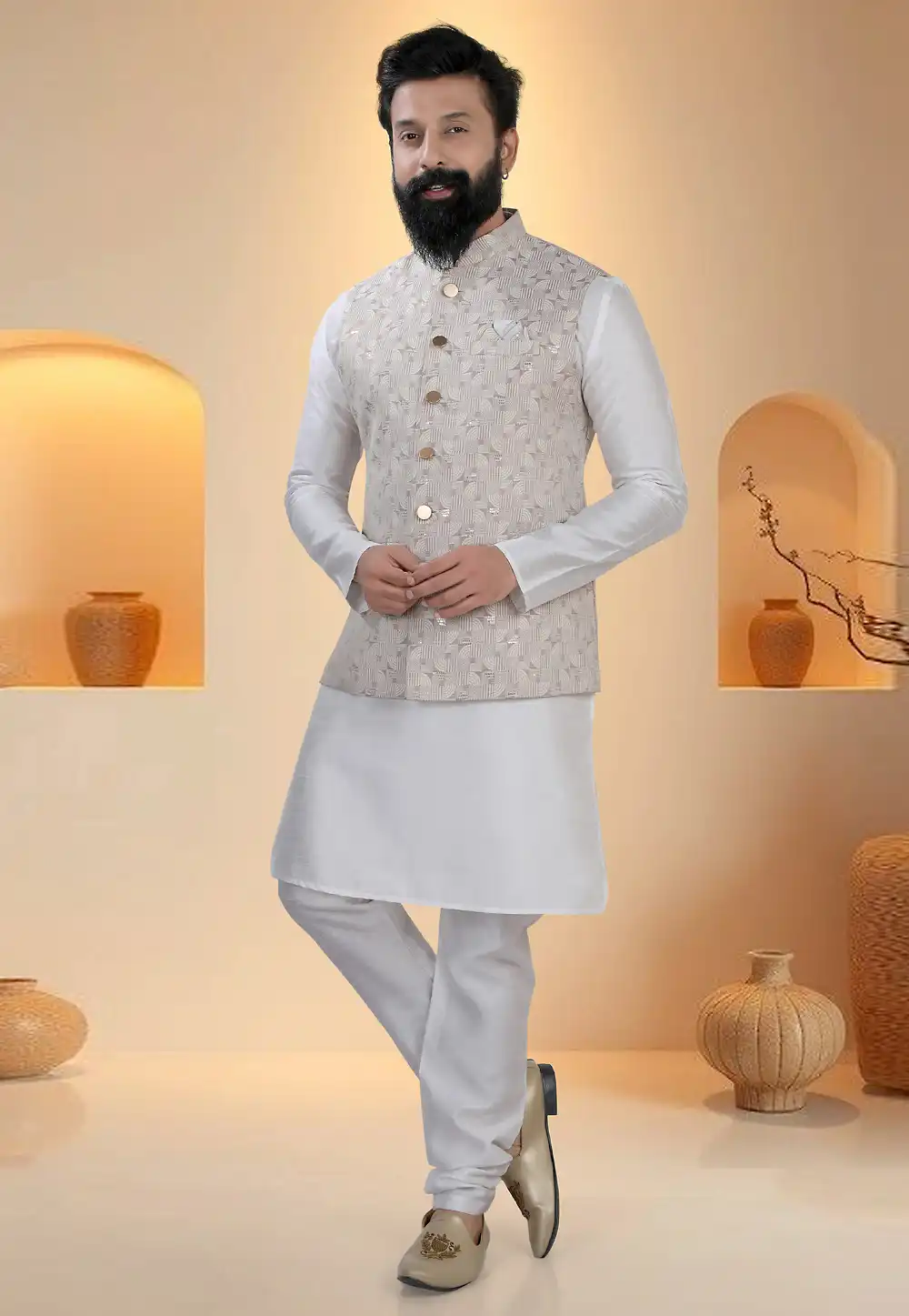 Off White Silk Kurta Pajama With Jacket 321251
