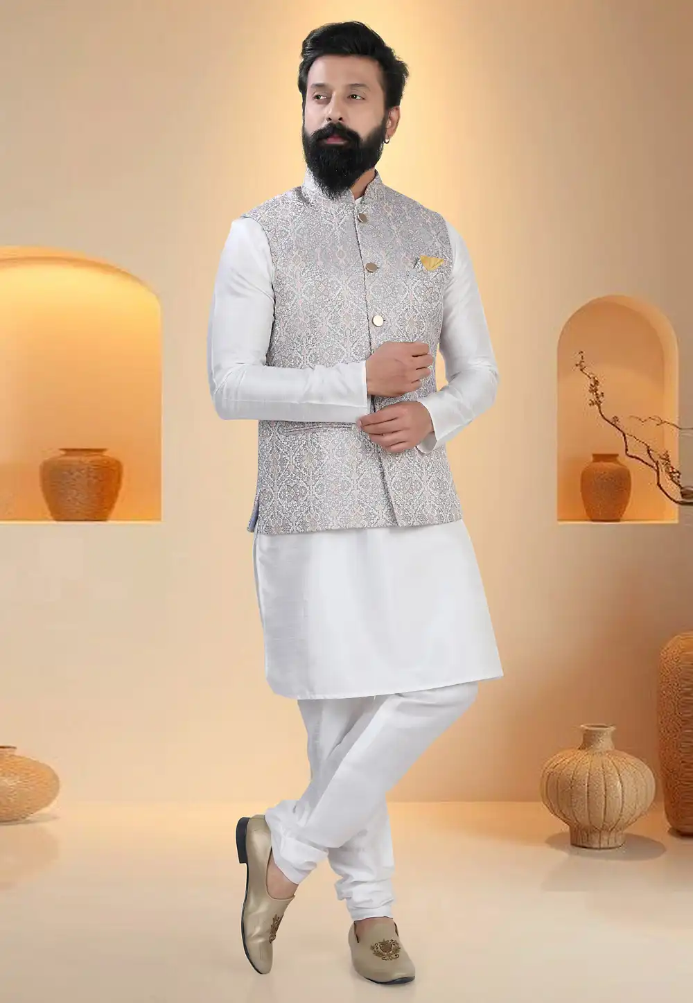 Off White Silk Kurta Pajama With Jacket 321252