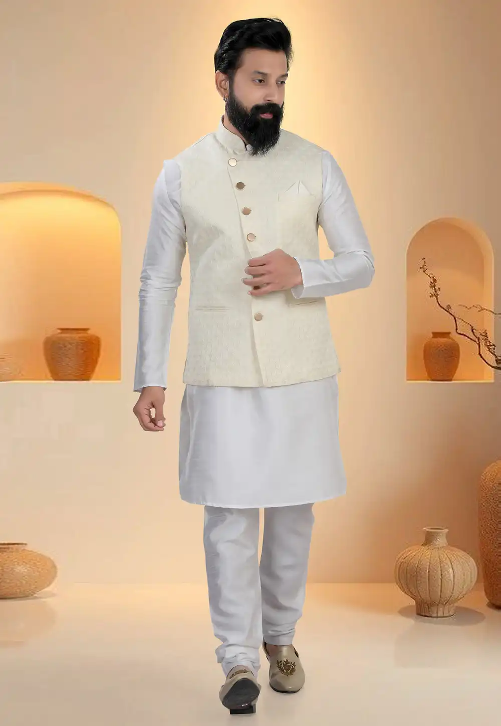 Off White Silk Kurta Pajama With Jacket 321253