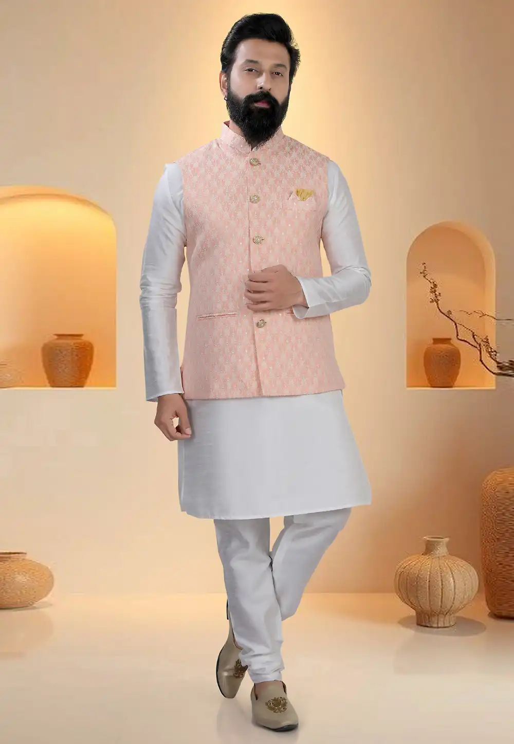 Off White Silk Kurta Pajama With Jacket 321254