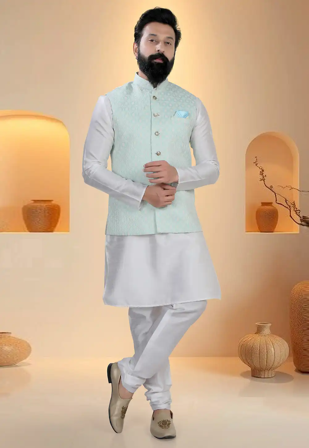 Off White Silk Kurta Pajama With Jacket 321255