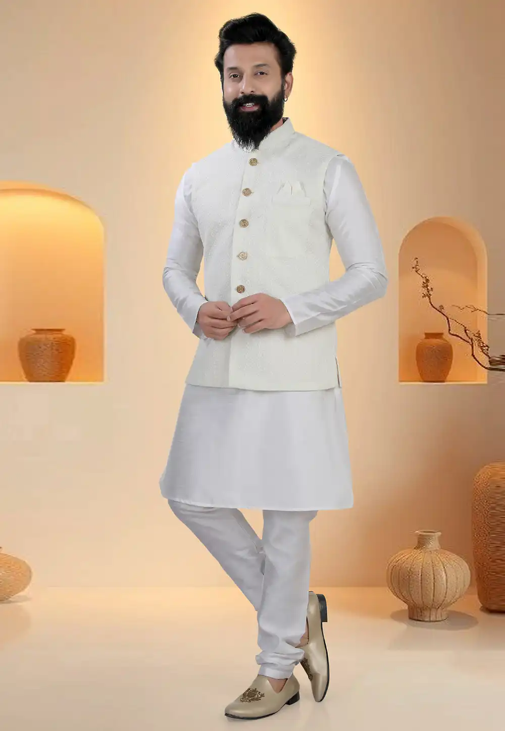 Off White Silk Kurta Pajama With Jacket 321257