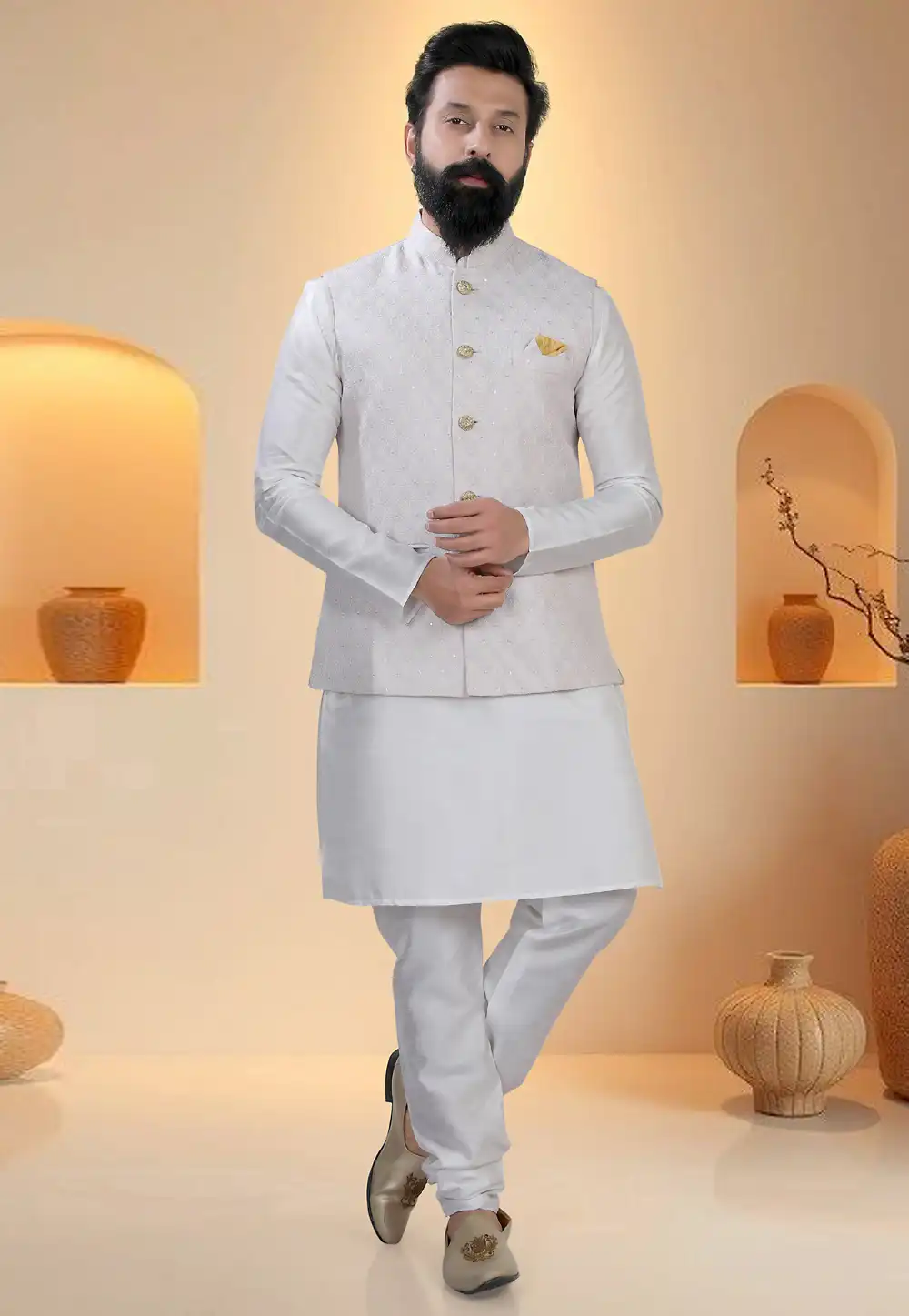 Off White Silk Kurta Pajama With Jacket 321258