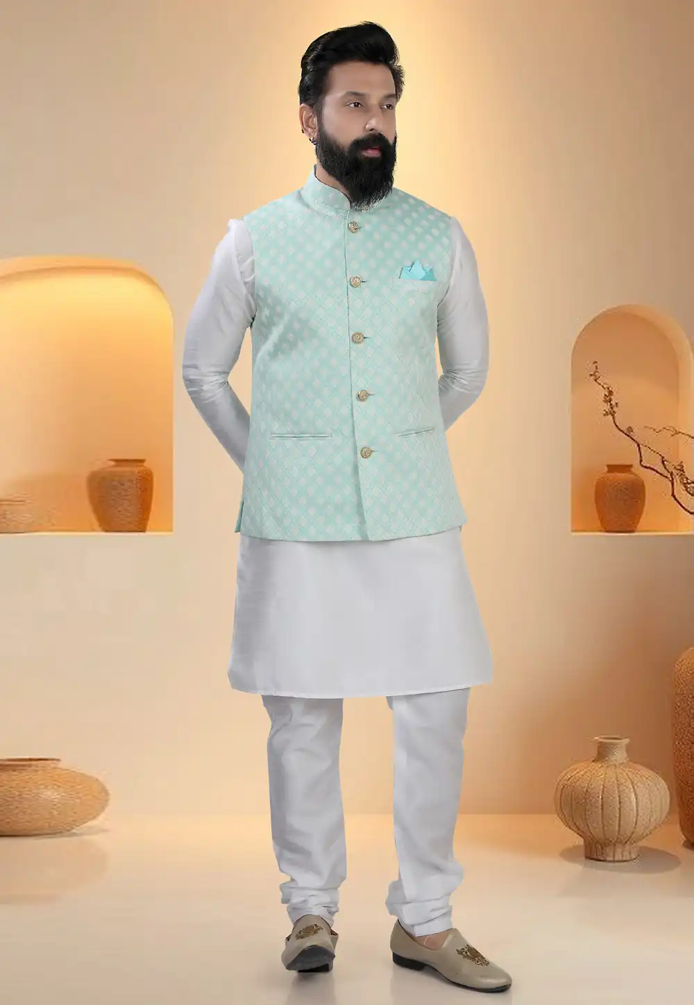 Off White Silk Kurta Pajama With Jacket 321259
