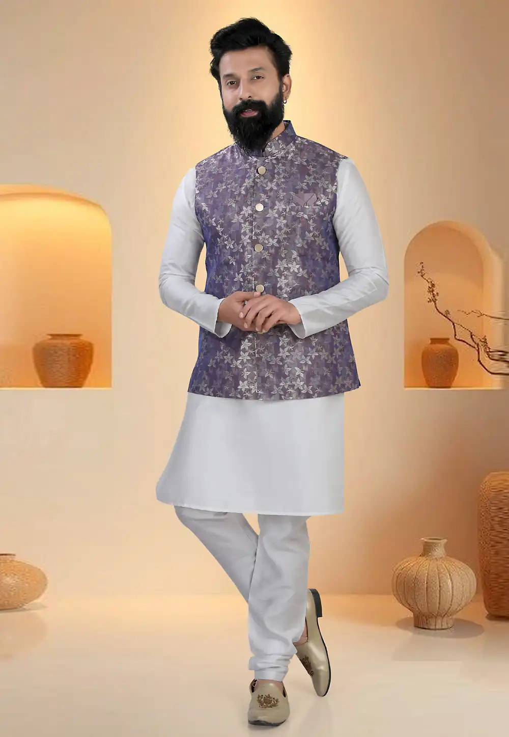 Off White Silk Kurta Pajama With Jacket 321260