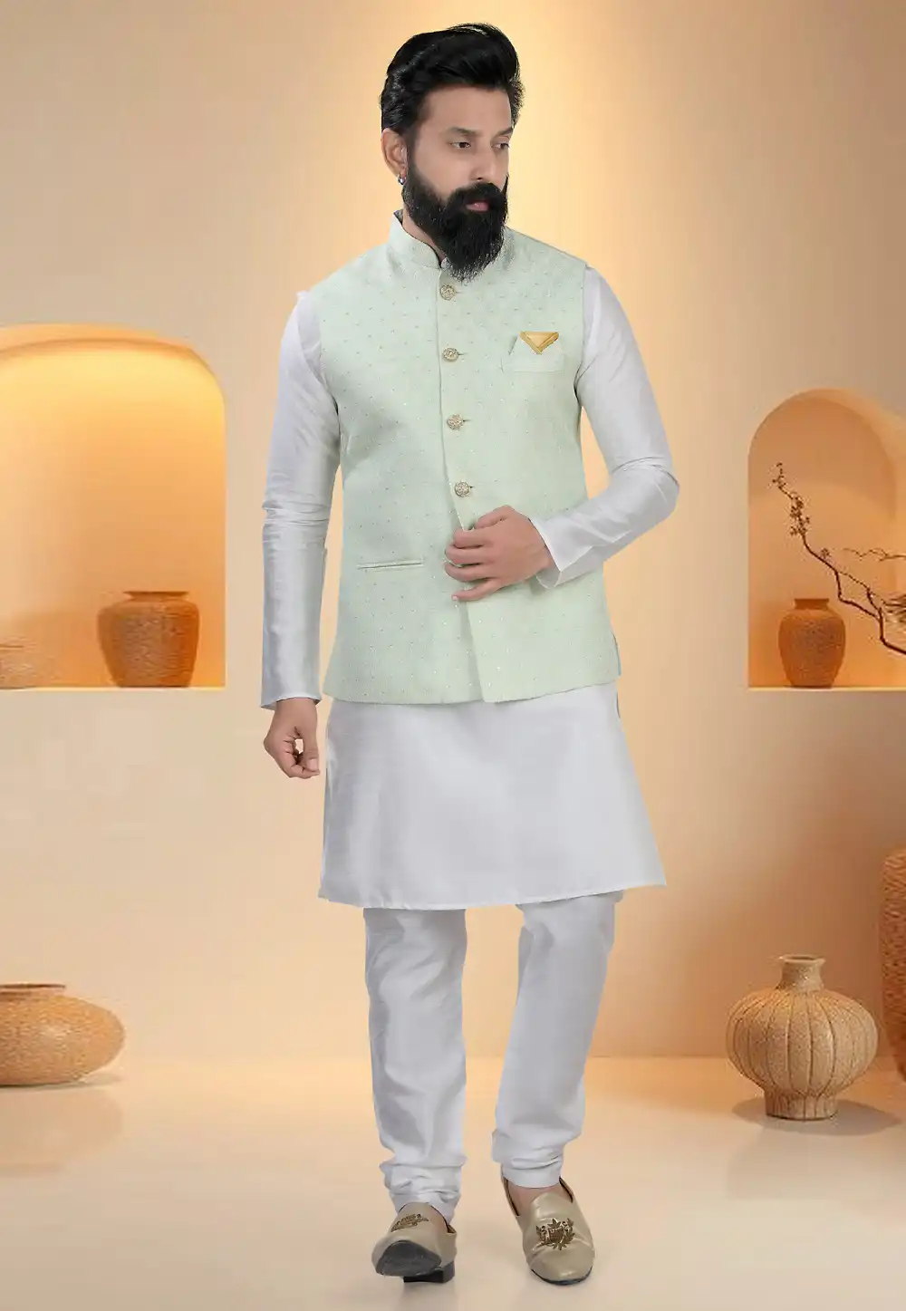 Off White Silk Kurta Pajama With Jacket 321261