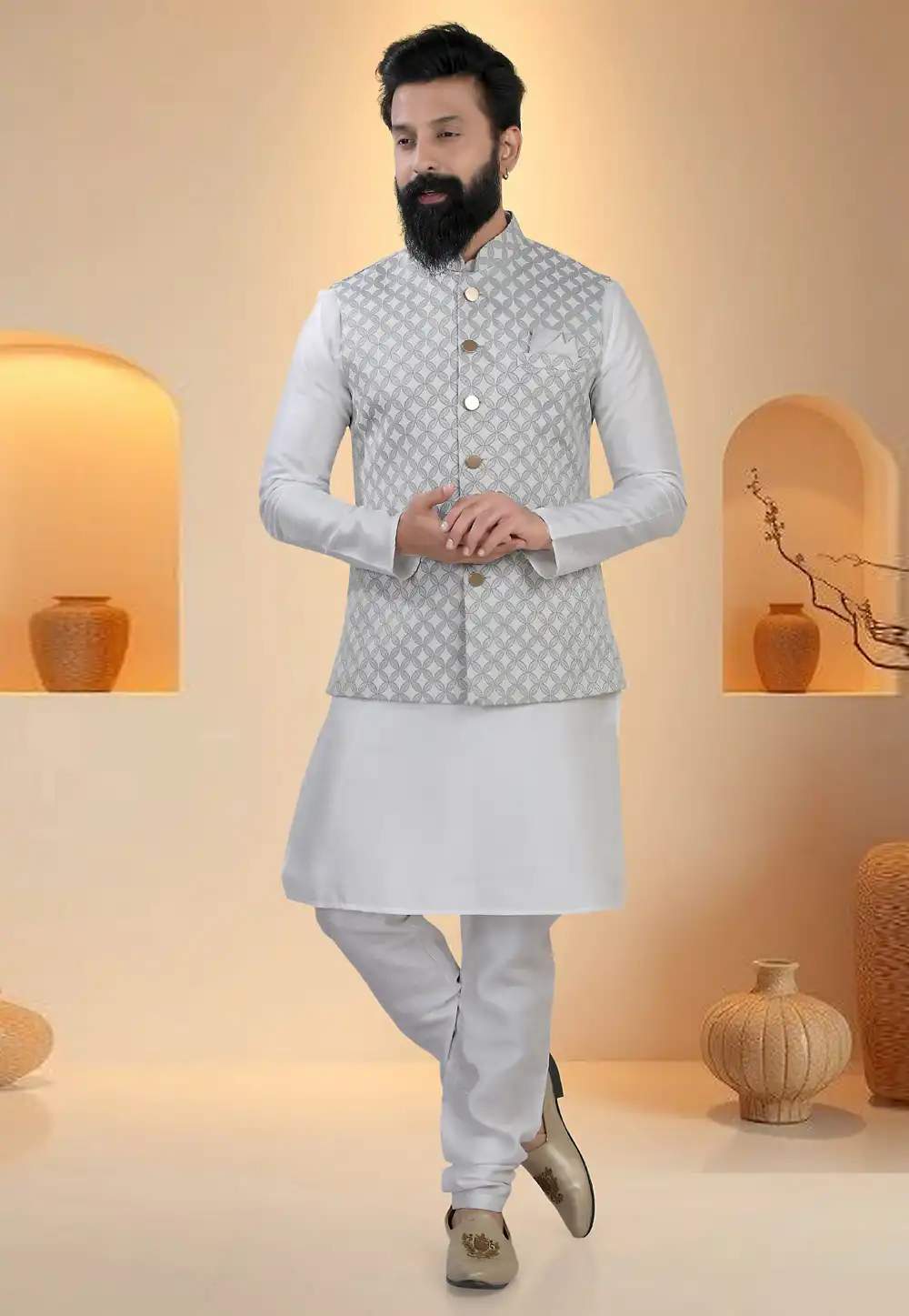 Off White Silk Kurta Pajama With Jacket 321262