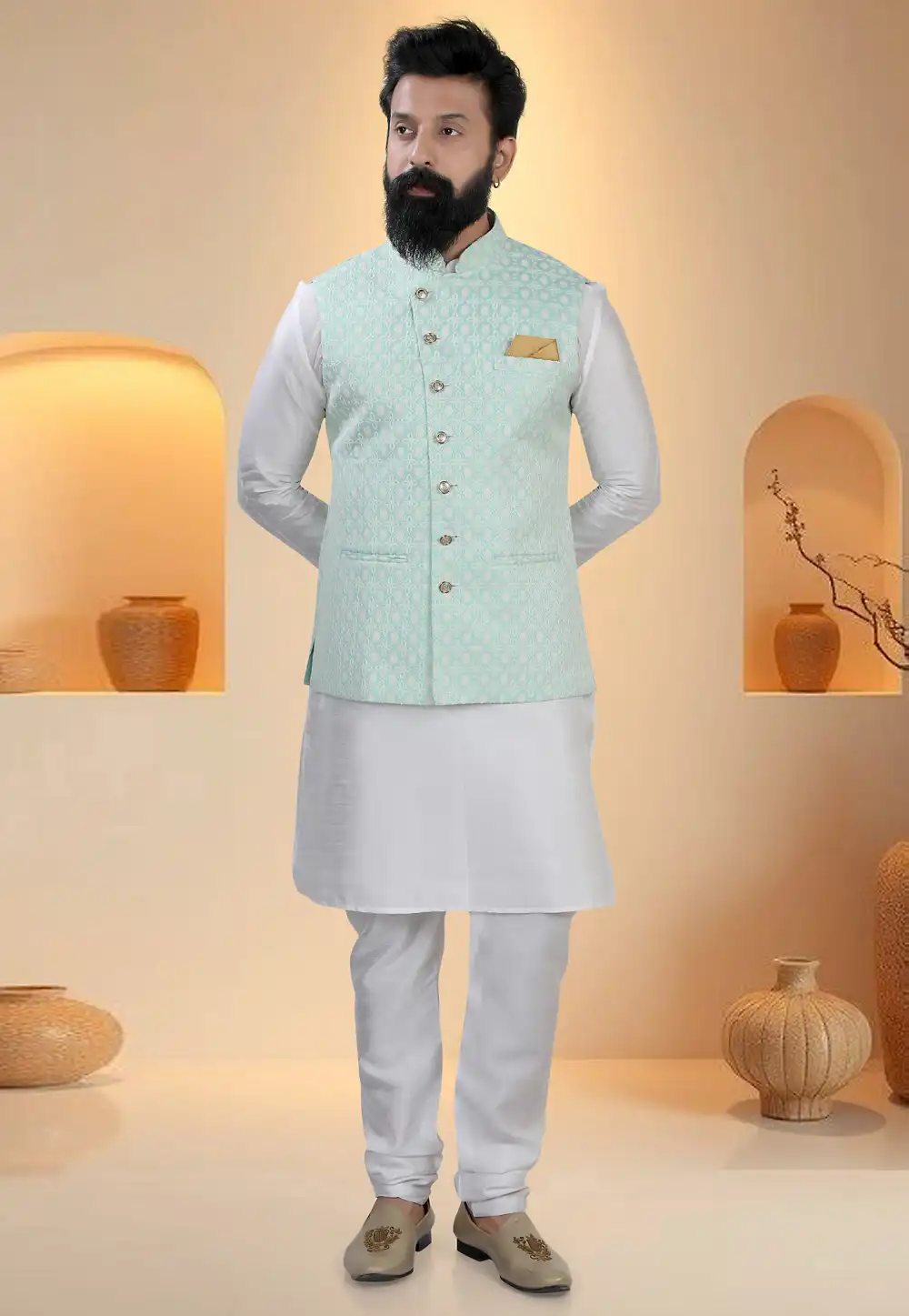 Off White Silk Kurta Pajama With Jacket 321263