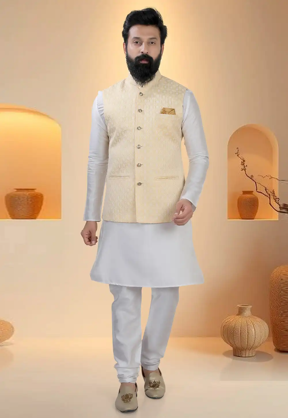 Off White Silk Kurta Pajama With Jacket 321264