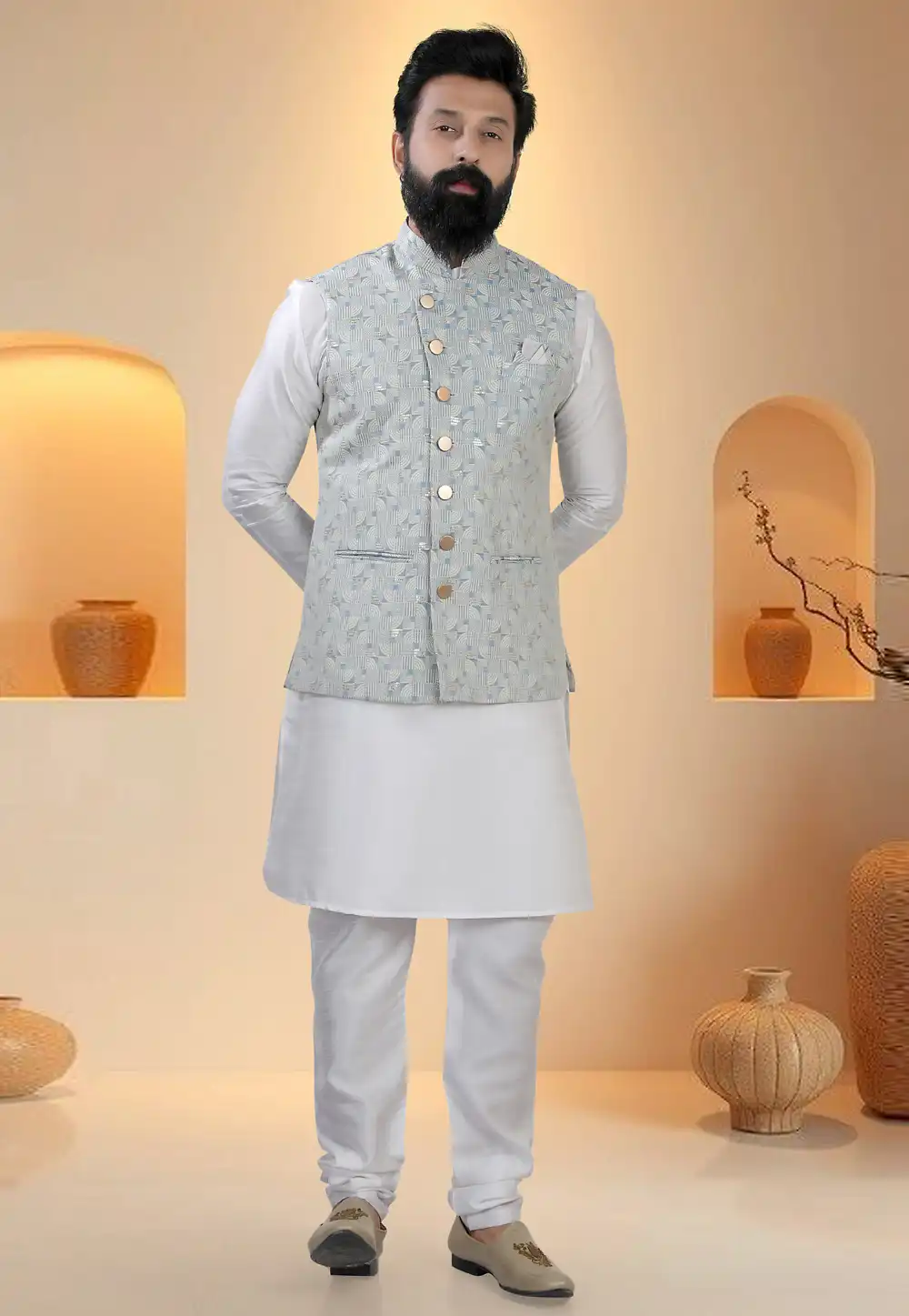 Off White Silk Kurta Pajama With Jacket 321265
