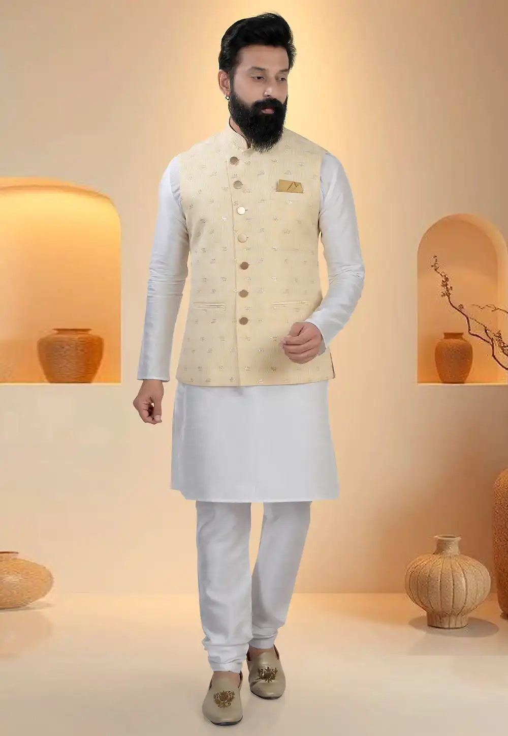 Off White Silk Kurta Pajama With Jacket 321266