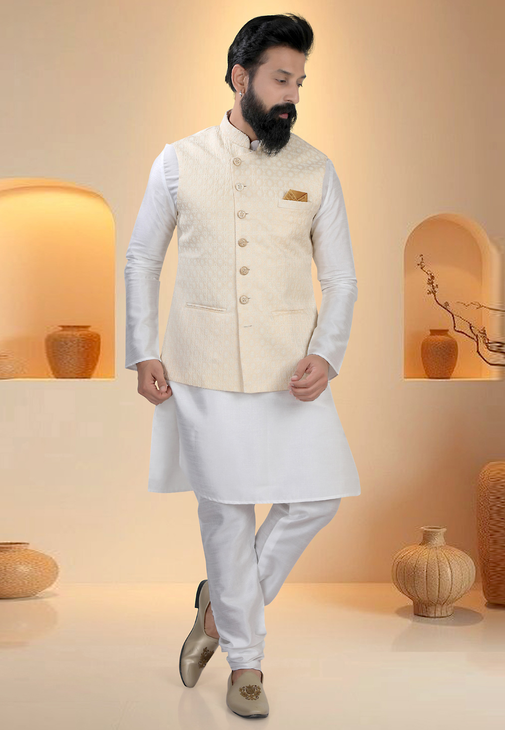 Off White Silk Kurta Pajama With Jacket 321267