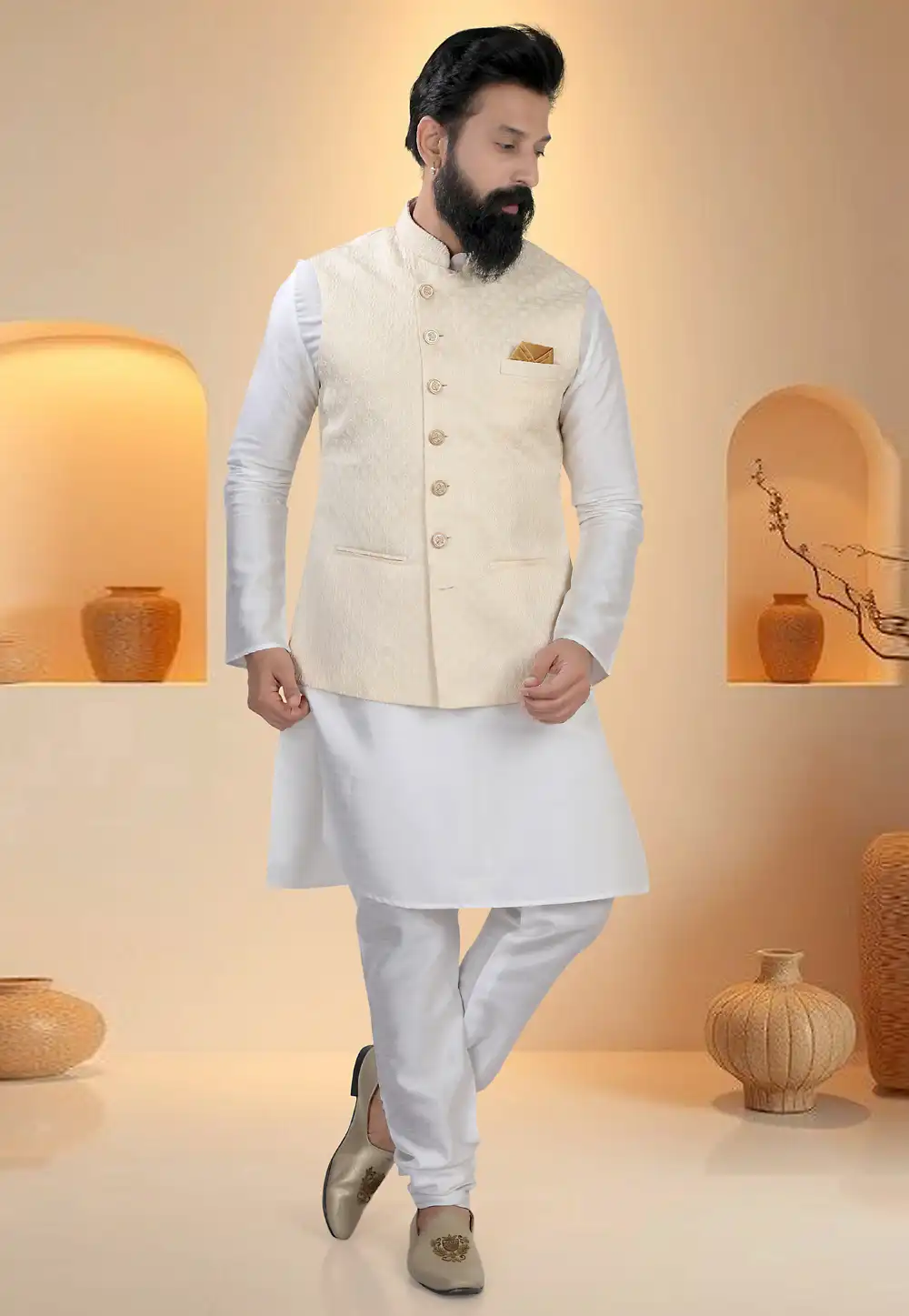 Off White Silk Kurta Pajama With Jacket 321267