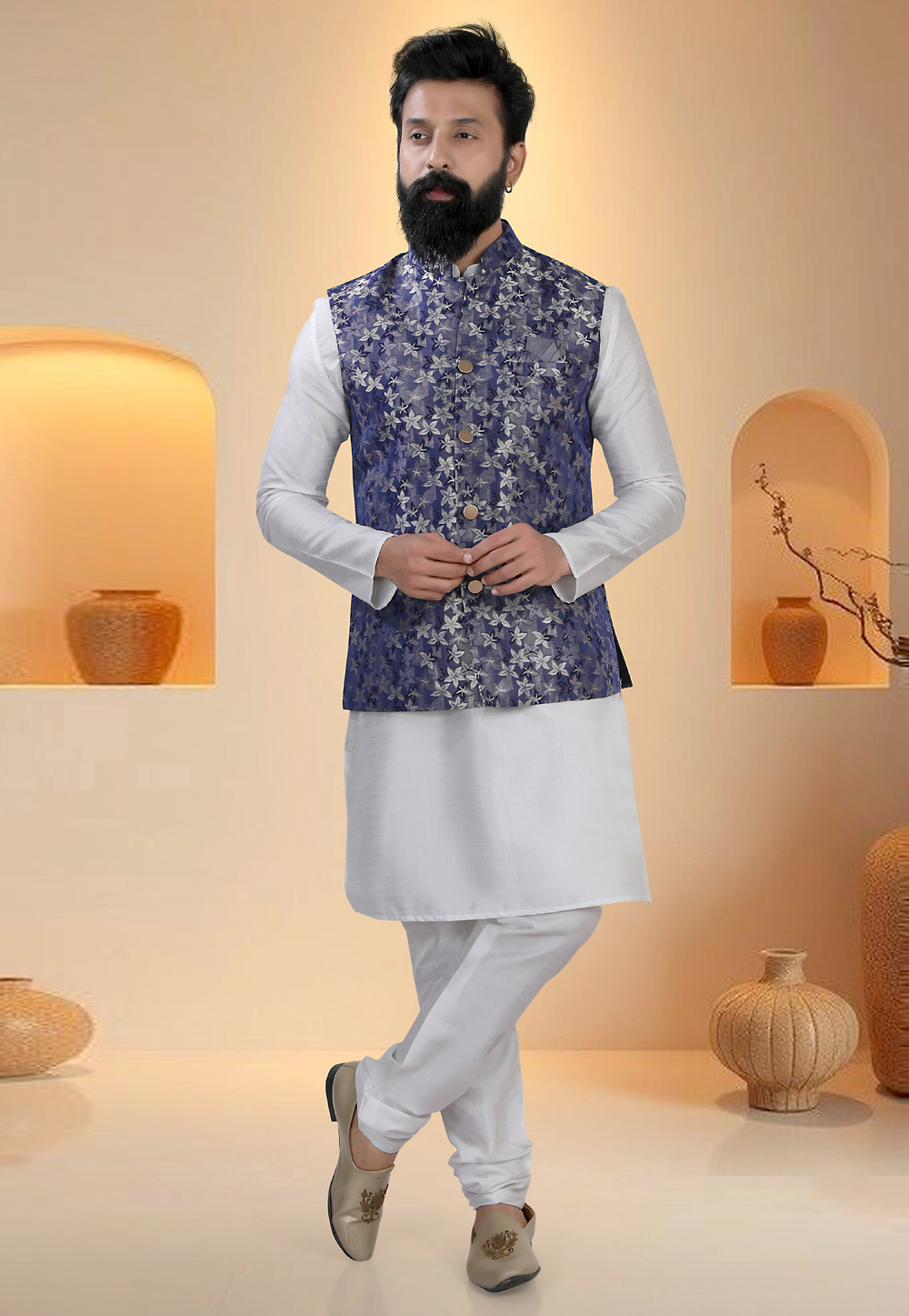 Off White Silk Kurta Pajama With Jacket 321268