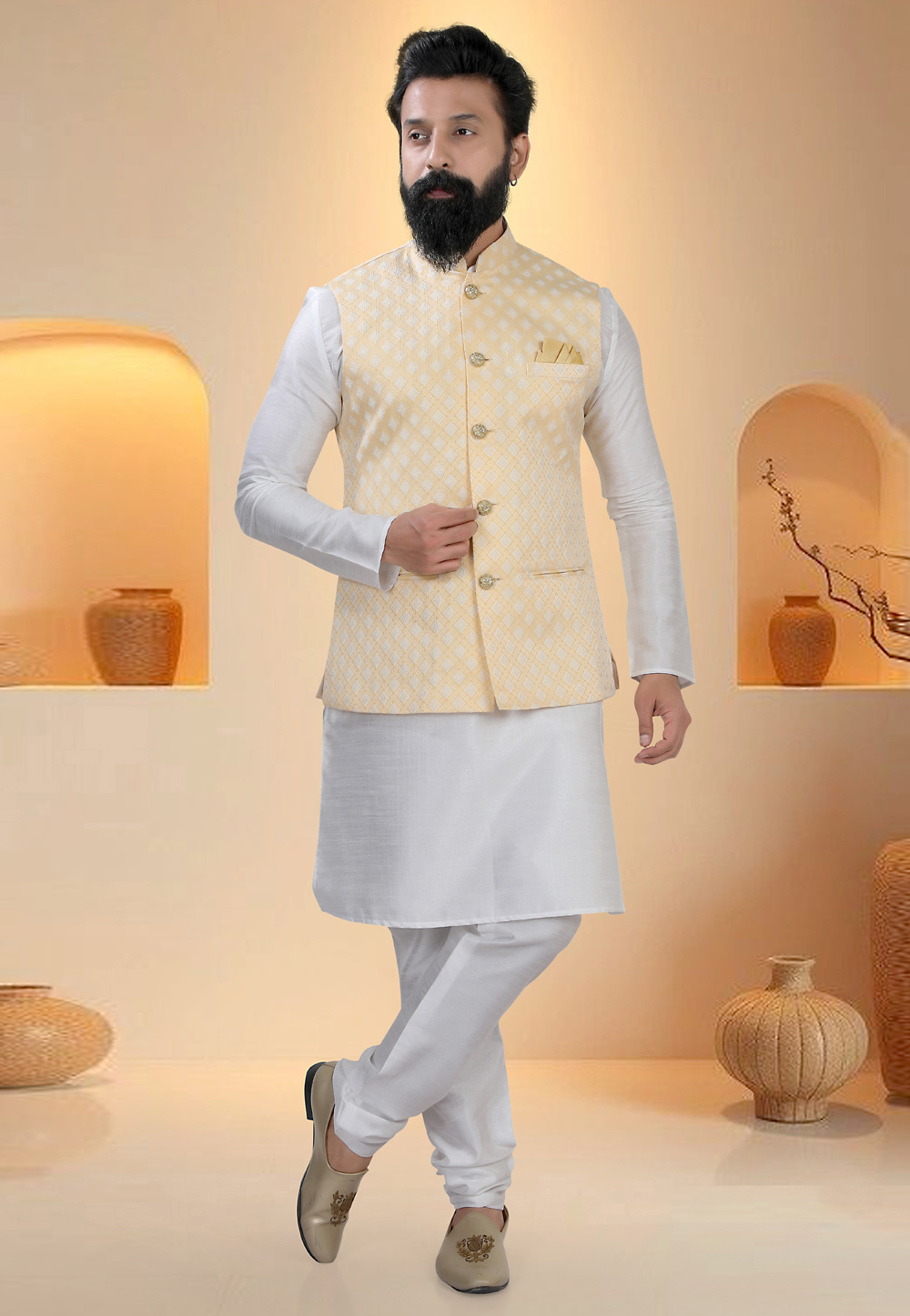 Off White Silk Kurta Pajama With Jacket 321269