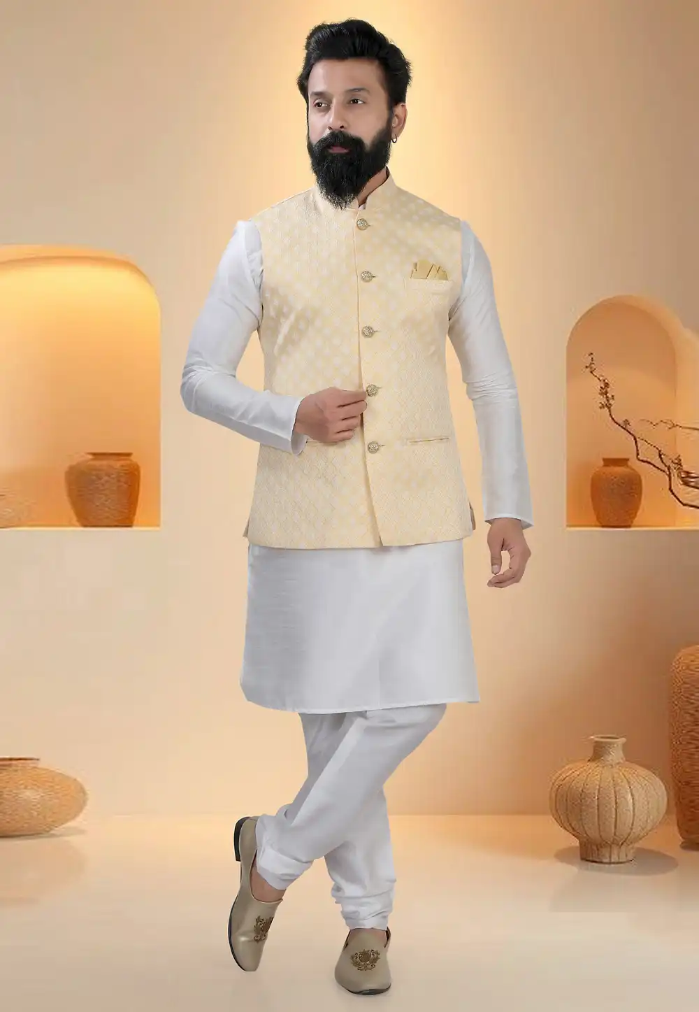 Off White Silk Kurta Pajama With Jacket 321269