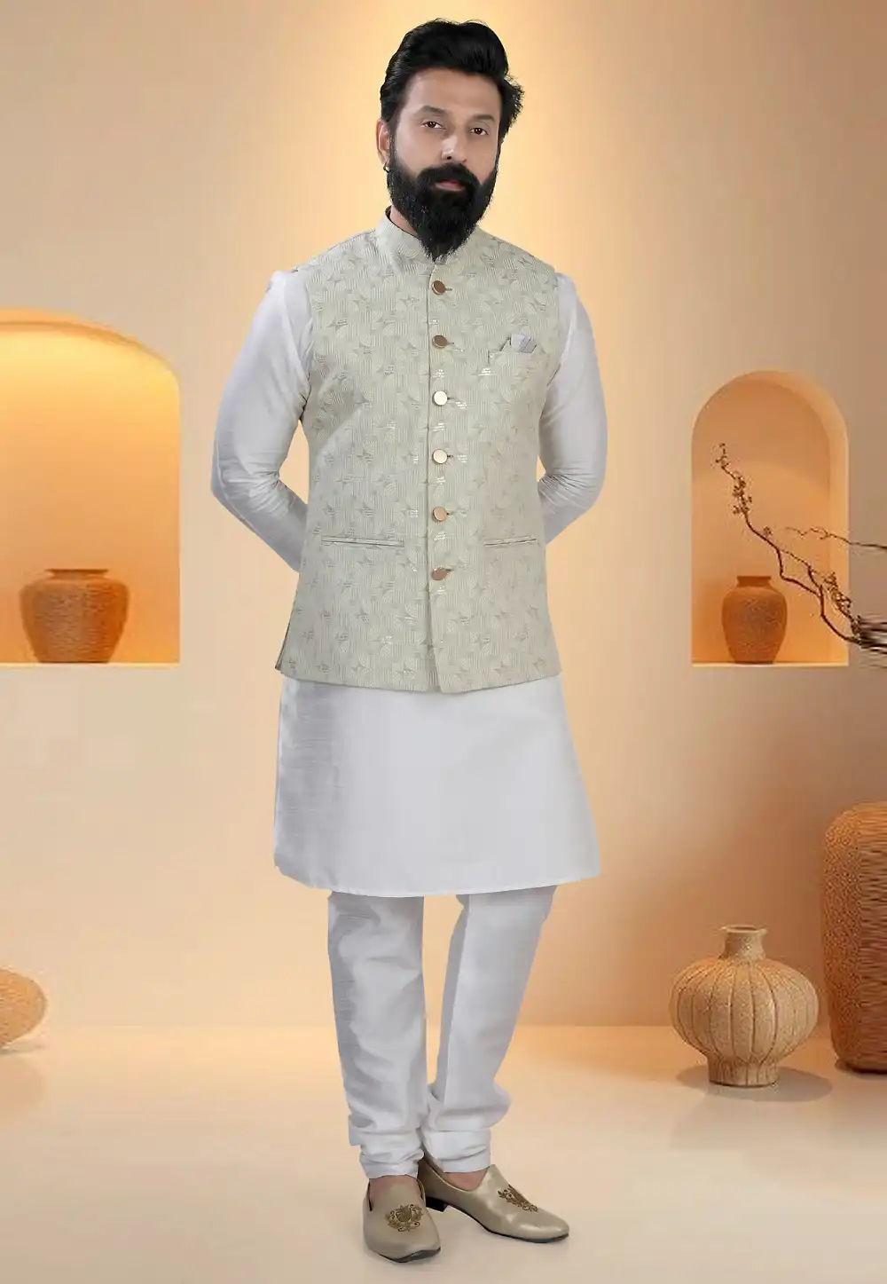 Off White Silk Kurta Pajama With Jacket 321270