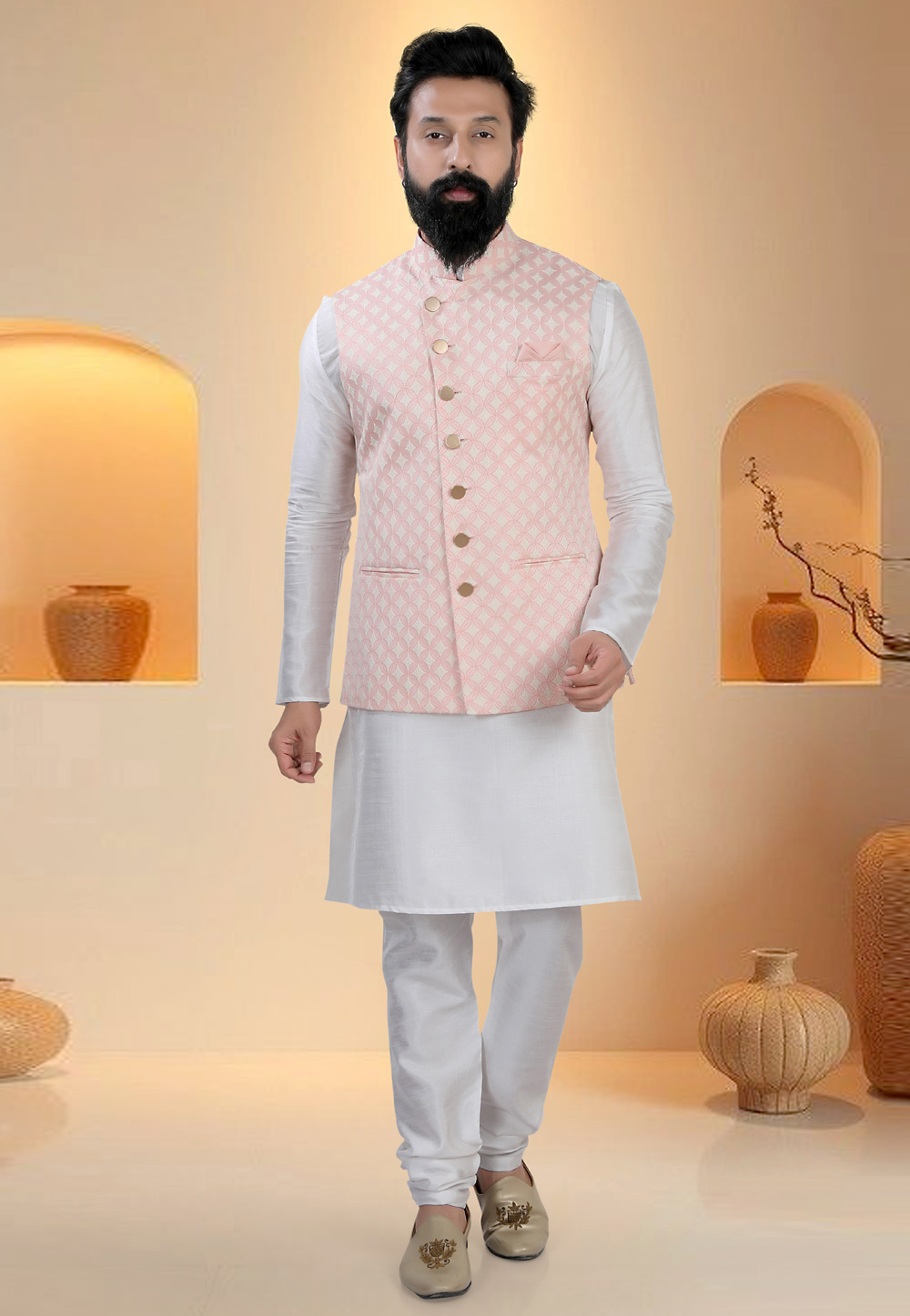 Off White Silk Kurta Pajama With Jacket 321272