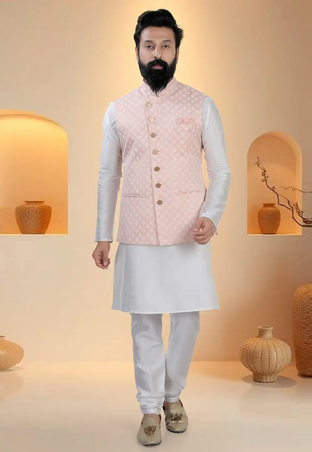 Off White Silk Kurta Pajama With Jacket 321272