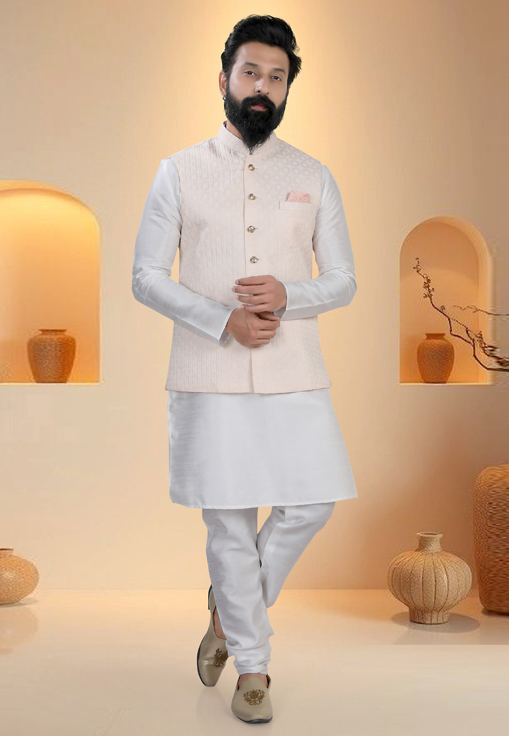 Off White Silk Kurta Pajama With Jacket 321273