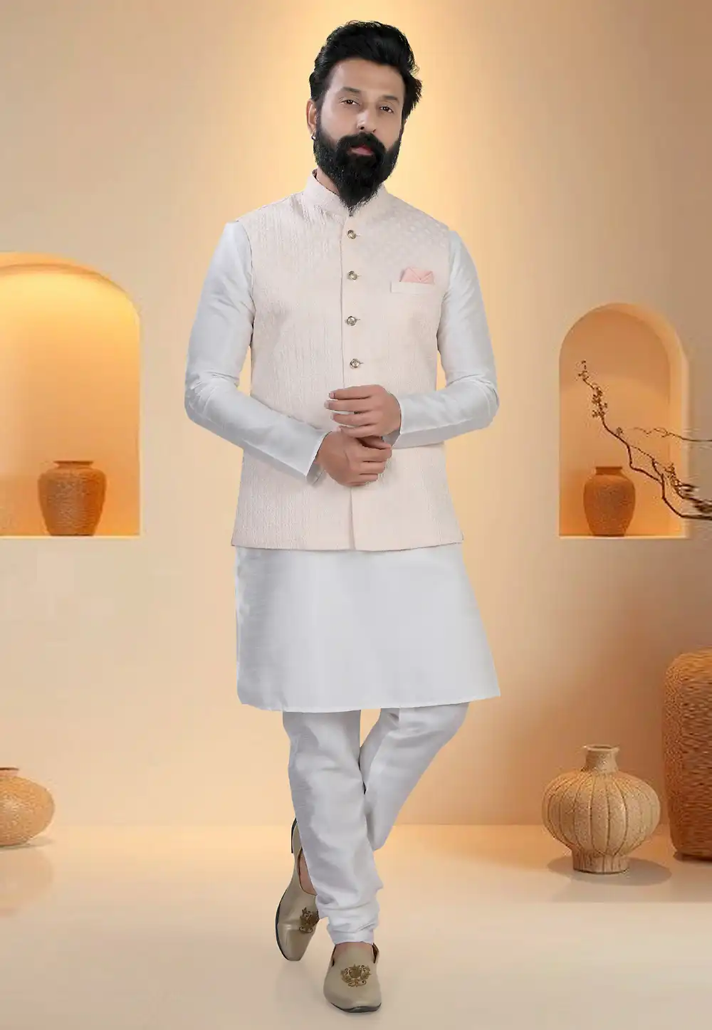 Off White Silk Kurta Pajama With Jacket 321273