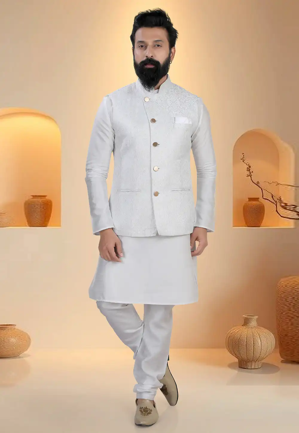 Off White Silk Kurta Pajama With Jacket 321274